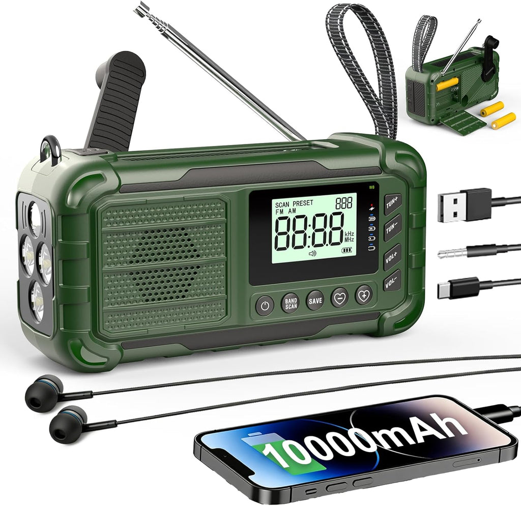 NOAA Weather Radio Emergency, 10000mAh Solar Hand Crank Radio | Replaceable Battery, AM/FM Battery Operated, USB-C
