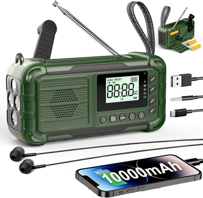 NOAA Weather Radio Emergency, 10000mAh Solar Hand Crank Radio | Replaceable Battery, AM/FM Battery Operated, USB-C