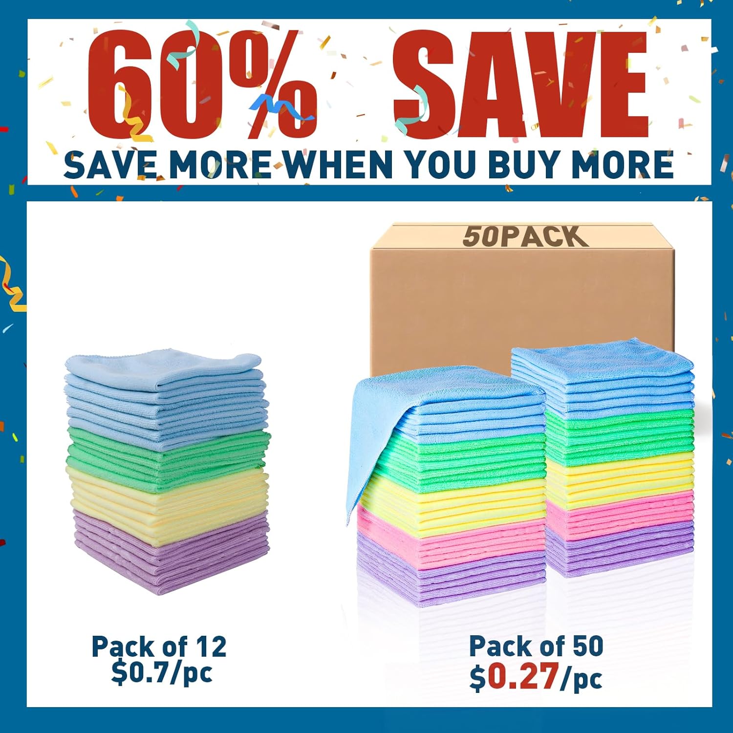 Microfiber Cleaning Cloths-50 Pack, Microfiber Towels Bulk, Towels for Cars & Home, Cleaning Rags 5 Colors Assorted