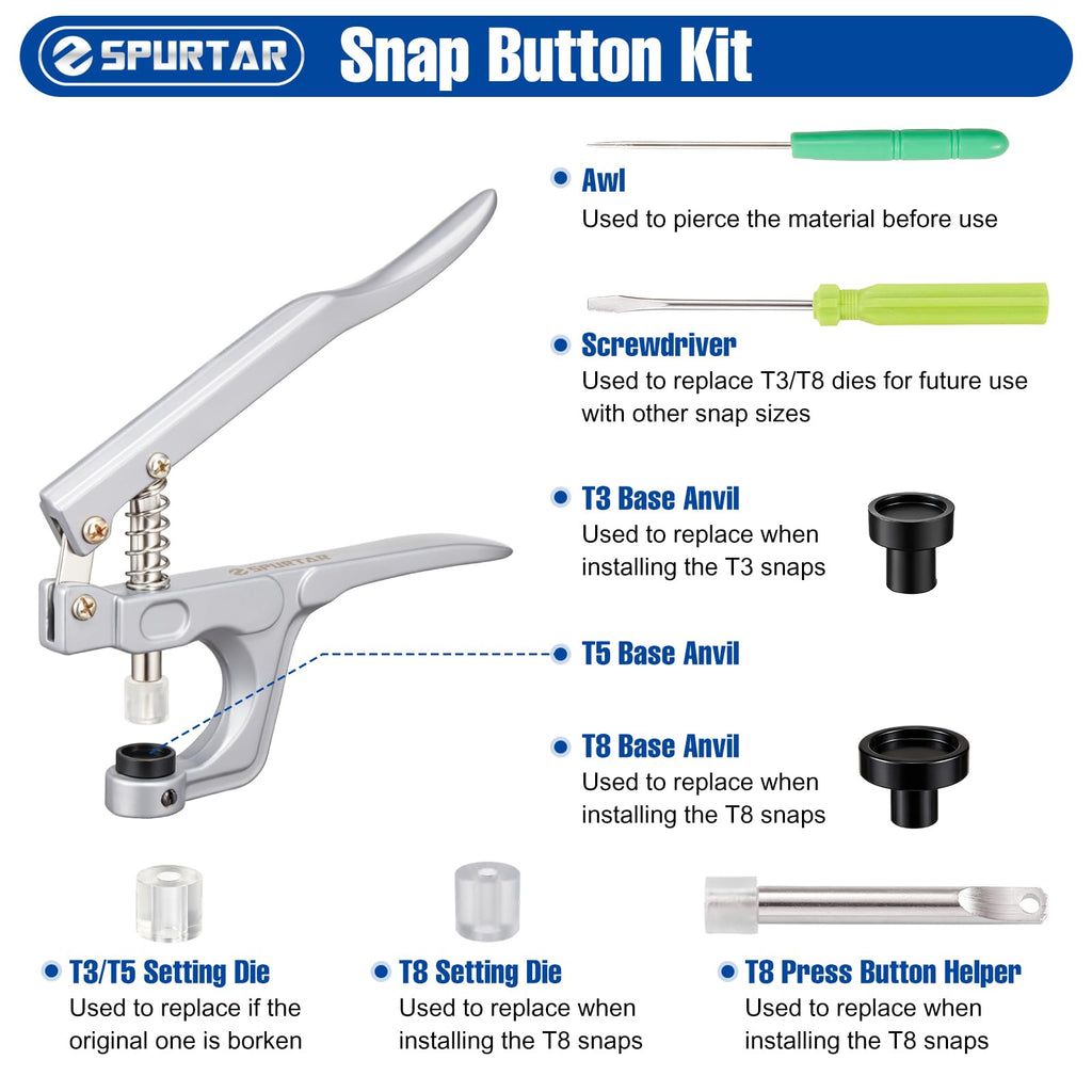 T5 Snap Button Kit Snap Fasteners Kit - Single Layer Fabric Only