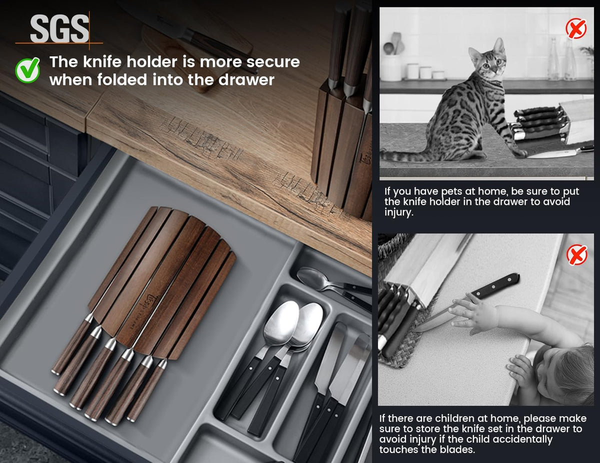 2026 Upgrade Kitchen Knife Set, Foldable Magnetic Acacia Wood Block