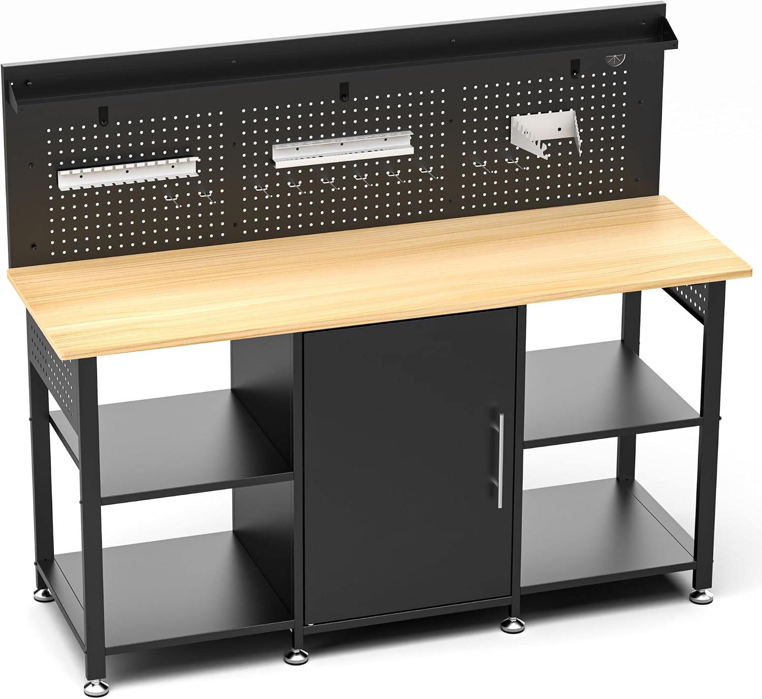 60 Inch Heavy Duty Workbench with Storage Cabinet, Wooden Top, 2000 lbs Capacity, Garage Work Table with Pegboard