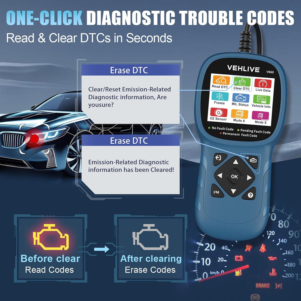 V860 Scanner for Car and Trucks,OBD2 Diagnostic Tools and Code Reader for Engine Check,Battery Test, O2 Sensor and