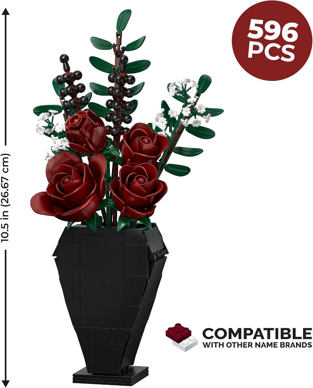 Bricktanicals Midnight Flower Bouquet Building Set, Gothic Blood Rose Halloween Arrangement with Coffin Vase