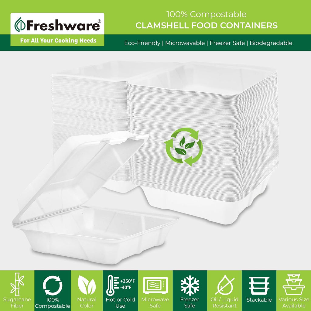 Compostable Clamshell Food Containers - 8x8" 50-Pack, Biodegradable Sugarcane To Go Boxes, Heavy Duty Paper Container