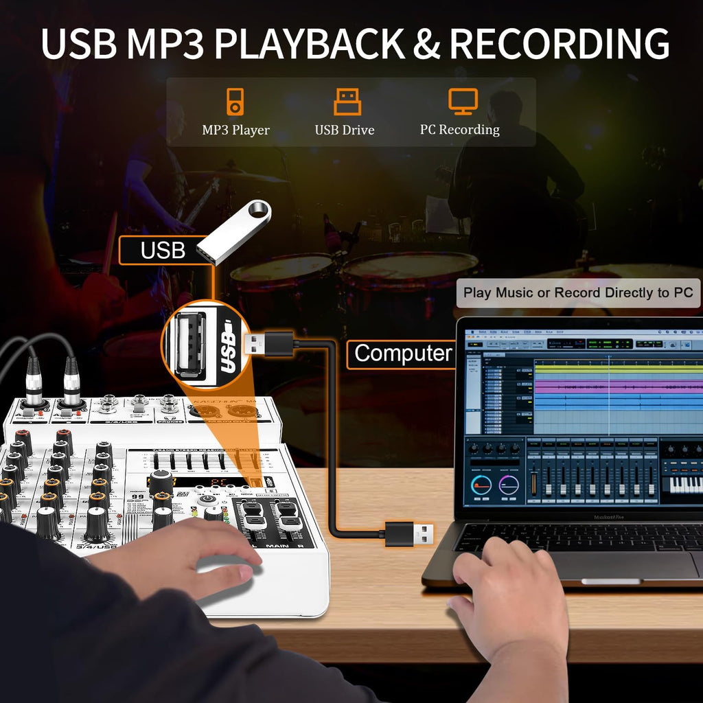 4-Channel Bluetooth Audio Mixer,Recording PC Mixer with XLR USB Interface | Mini Mixer Board with 99 DSP