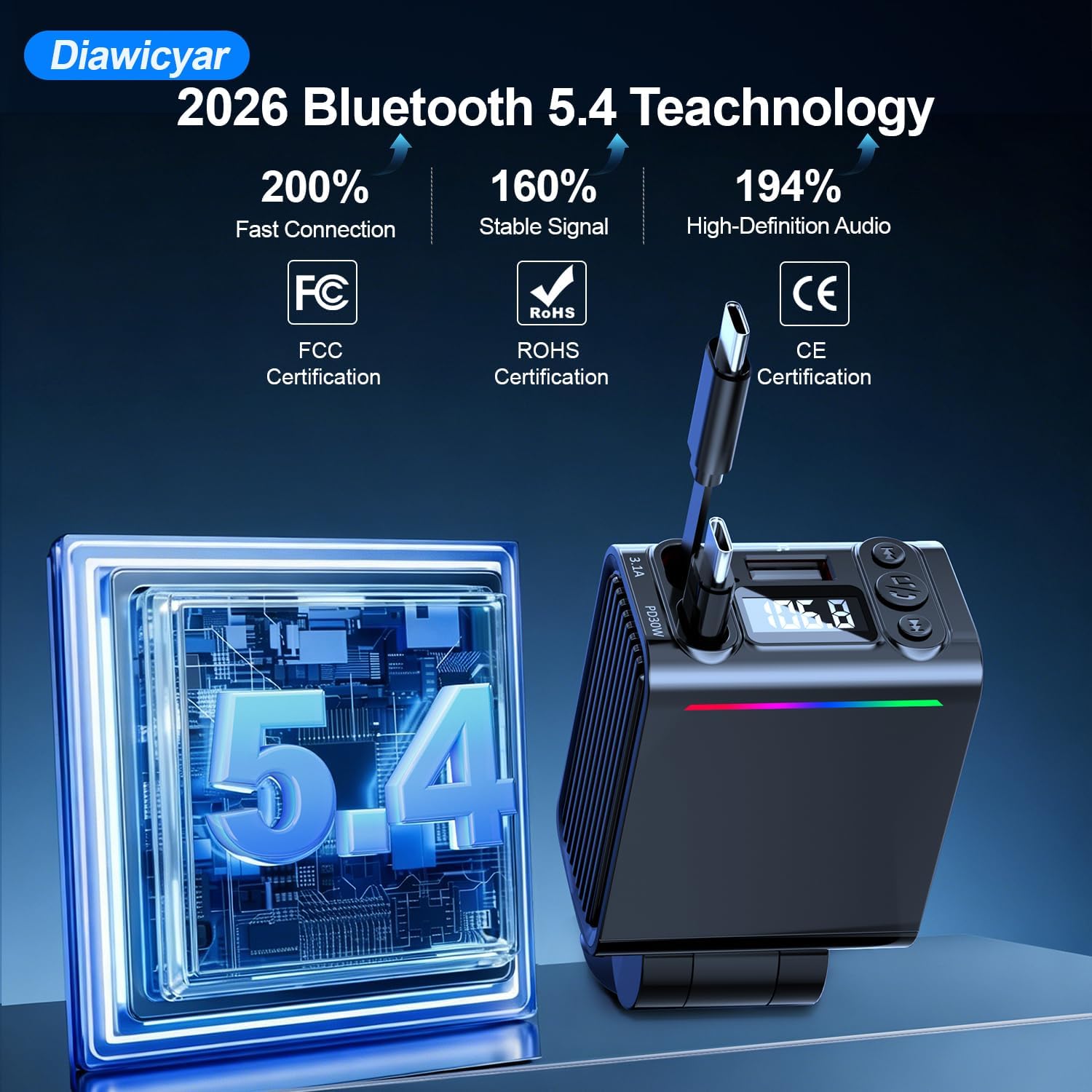 45W FM Transmitter Bluetooth Car Adapter, Wireless FM Bluetooth Transmitter | [PD 30W & QC3.0] Retractable Car