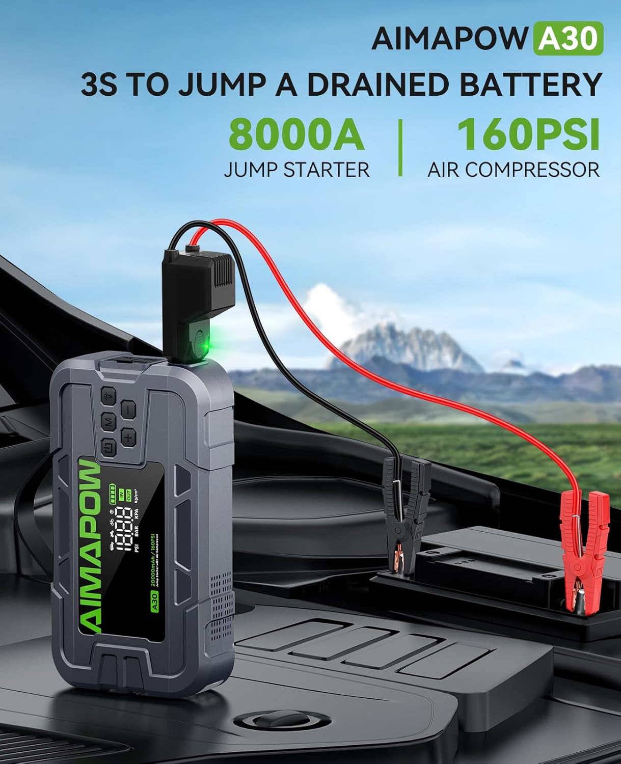 Car Battery Jump Starter with Air Compressor 8000A 160PSI, Jump Starter Portable (All Gas/12L Diesel), 12V Car Jump
