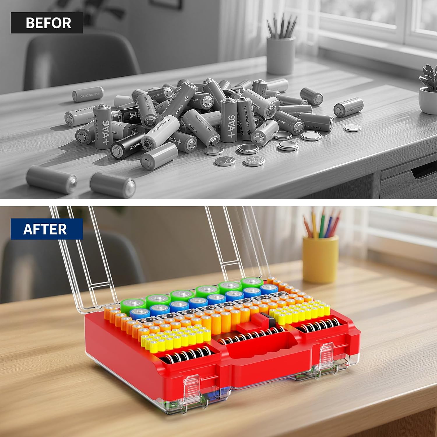 Battery Organizer Box with Tester, Storage Case Holds 260 Batteries, Double Clear Locking Lid for AA AAA C D 9V - Red