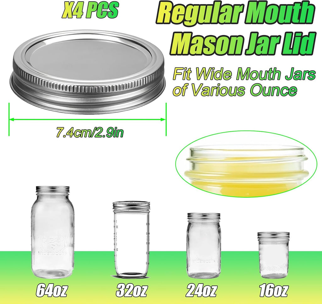 Stainless Steel Regular Mouth Canning Lids and Rings, Airtight/Rustproof Mason Jar Lids with Bands Set of 4