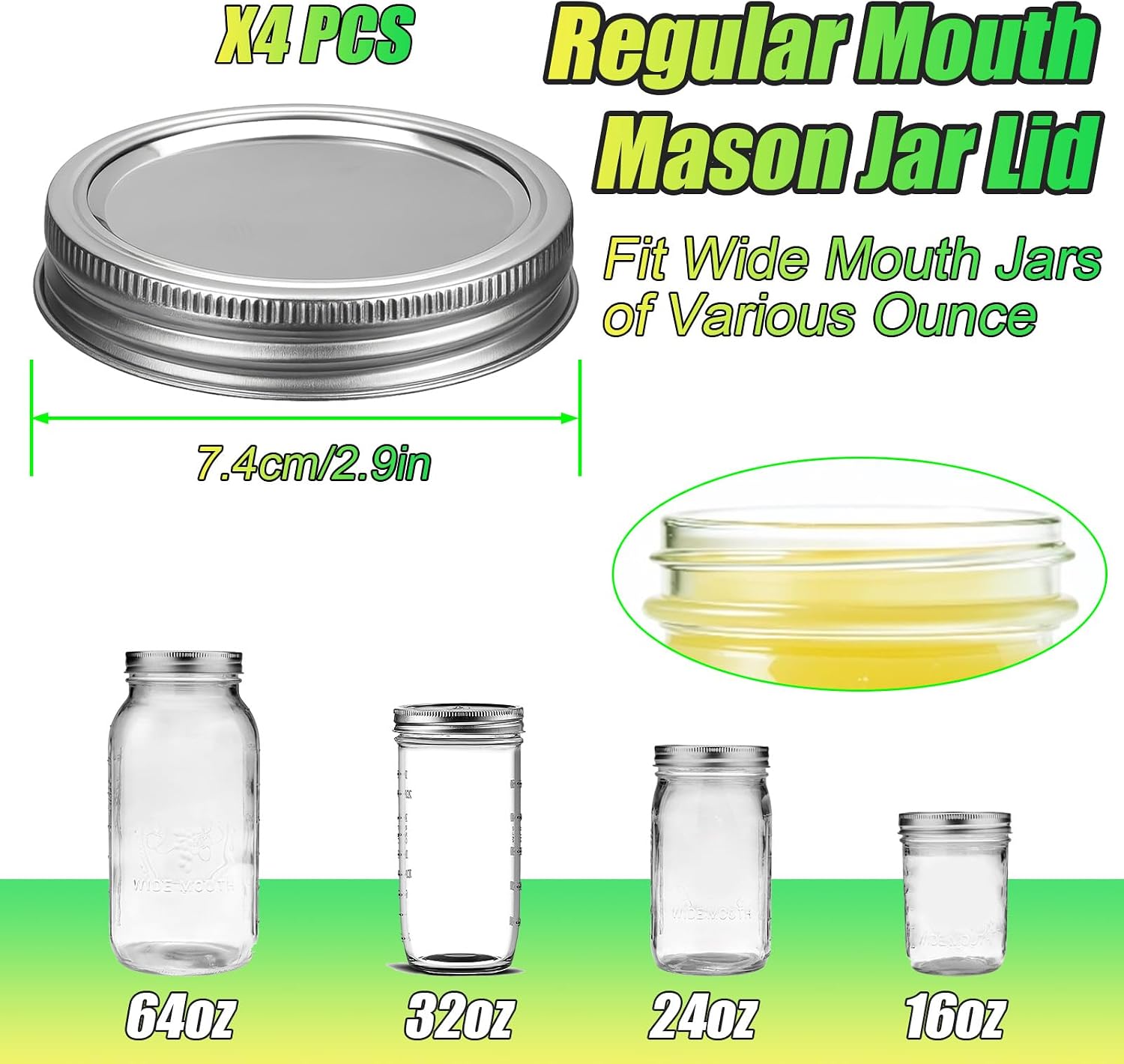 Stainless Steel Regular Mouth Canning Lids and Rings, Airtight/Rustproof Mason Jar Lids with Bands Set of 4
