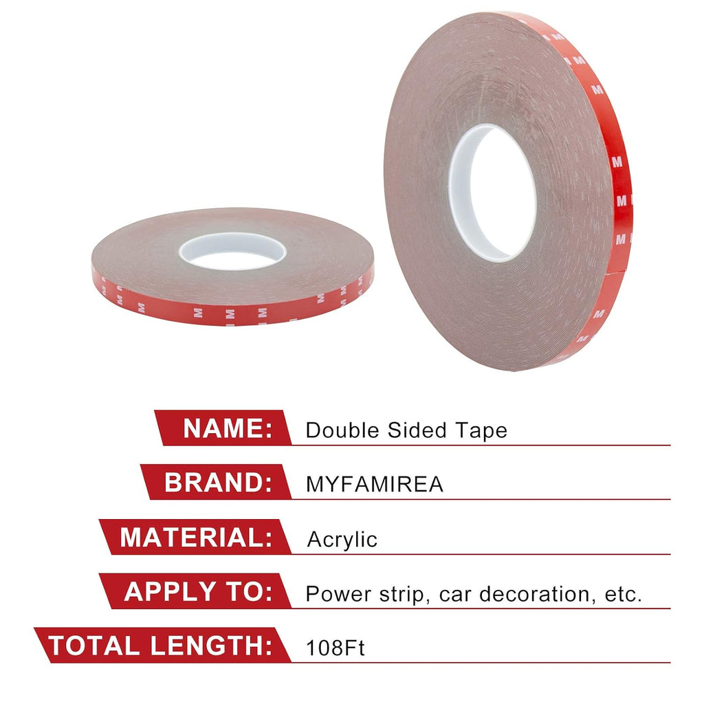 Double Sided Tape 0.39Inch x 108 Feet Heavy Duty Mounting Adhesive Multipurpose Waterproof Foam Tape for LED Strip