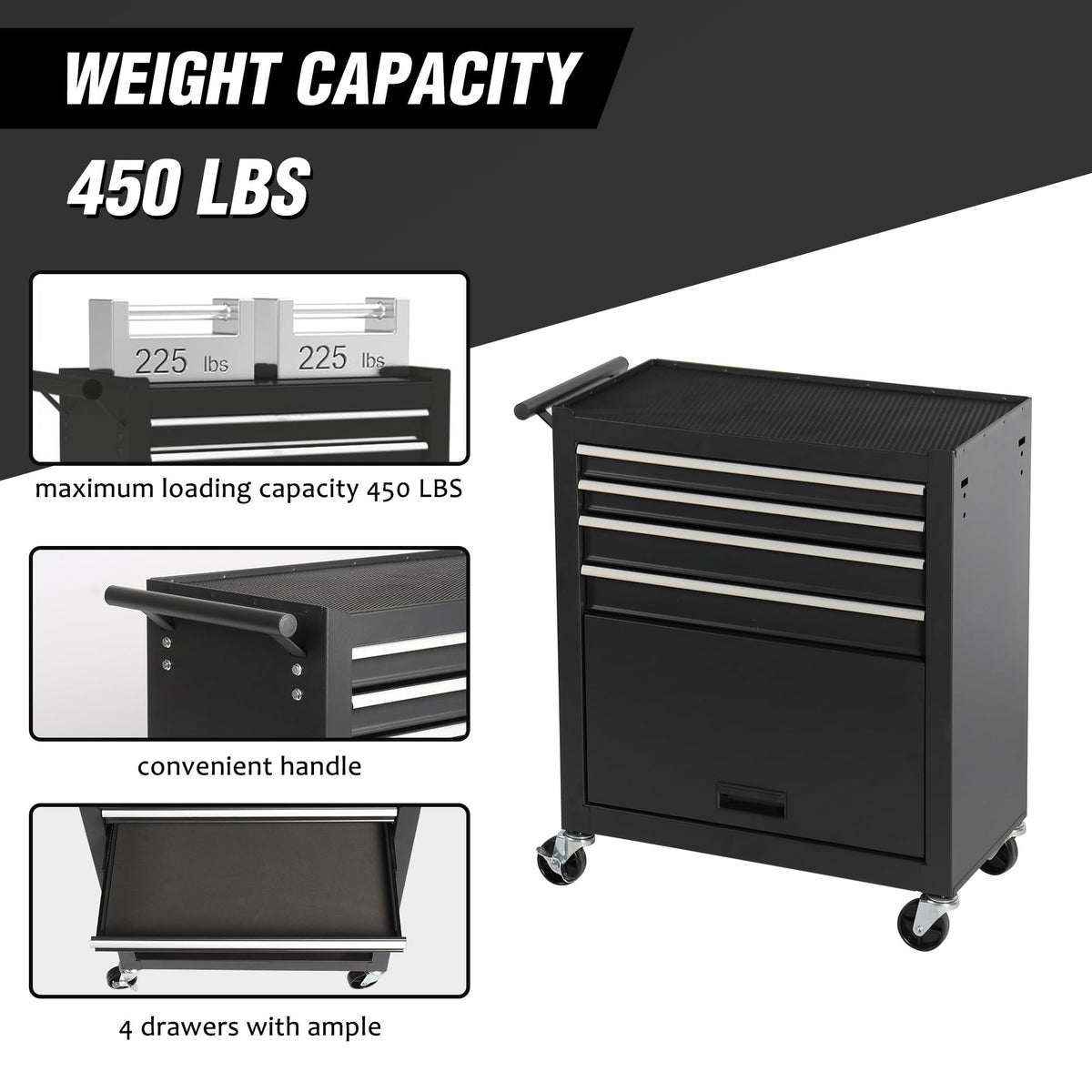4-Drawer Lockable Rolling Tool Chest, Black