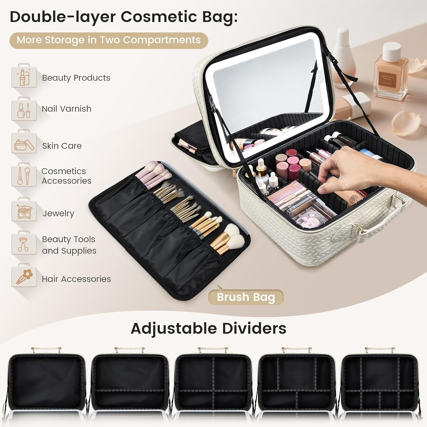 Makeup Bag with LED Lighted Mirror 12.2 IN Cosmetic Train Case Double Layer Makeup Case Adjustable Brightness in 3