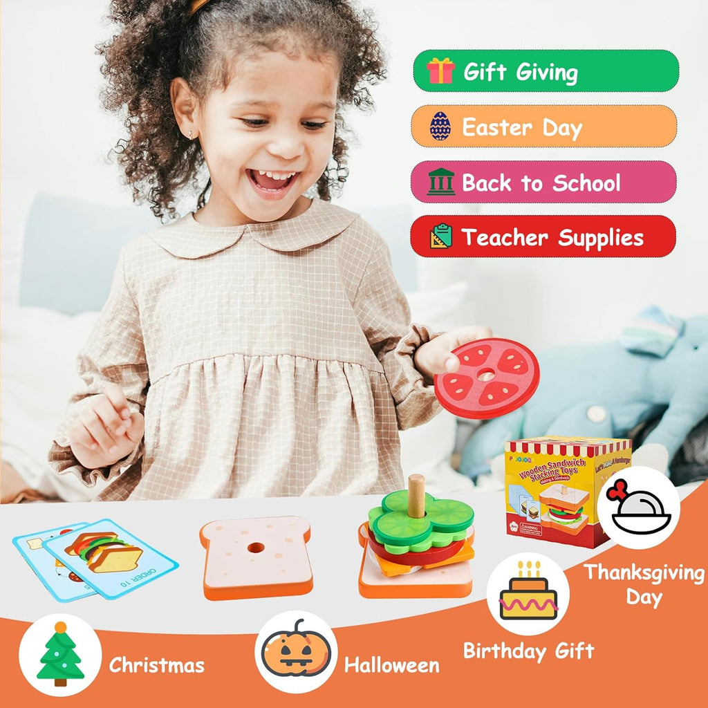 Wooden Sandwich Stacking Toys, Montessori Toys for Toddlers Kitchen Play Food Educational Preschool Learning Toys