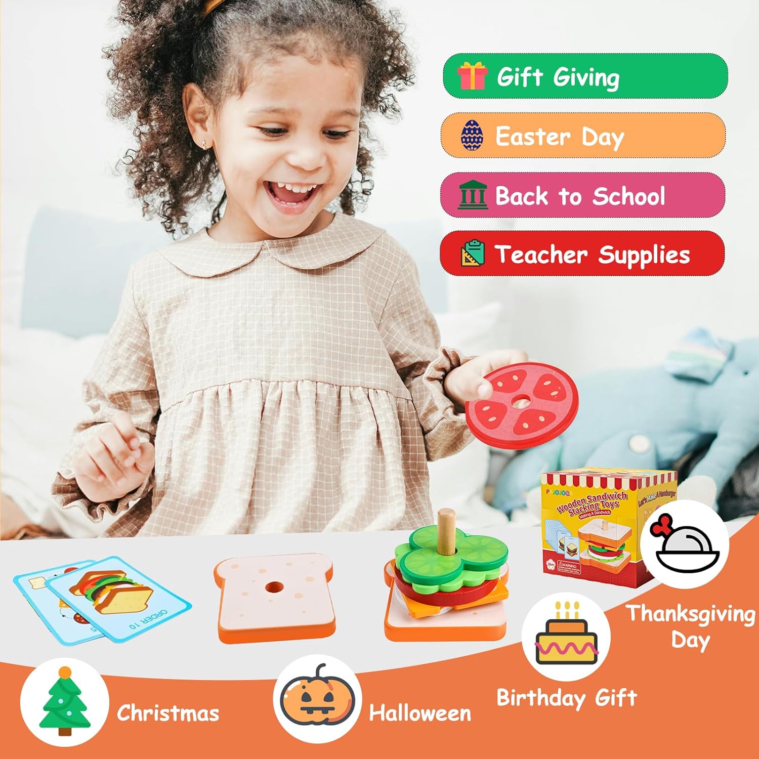 Wooden Sandwich Stacking Toys, Montessori Toys for Toddlers Kitchen Play Food Educational Preschool Learning Toys