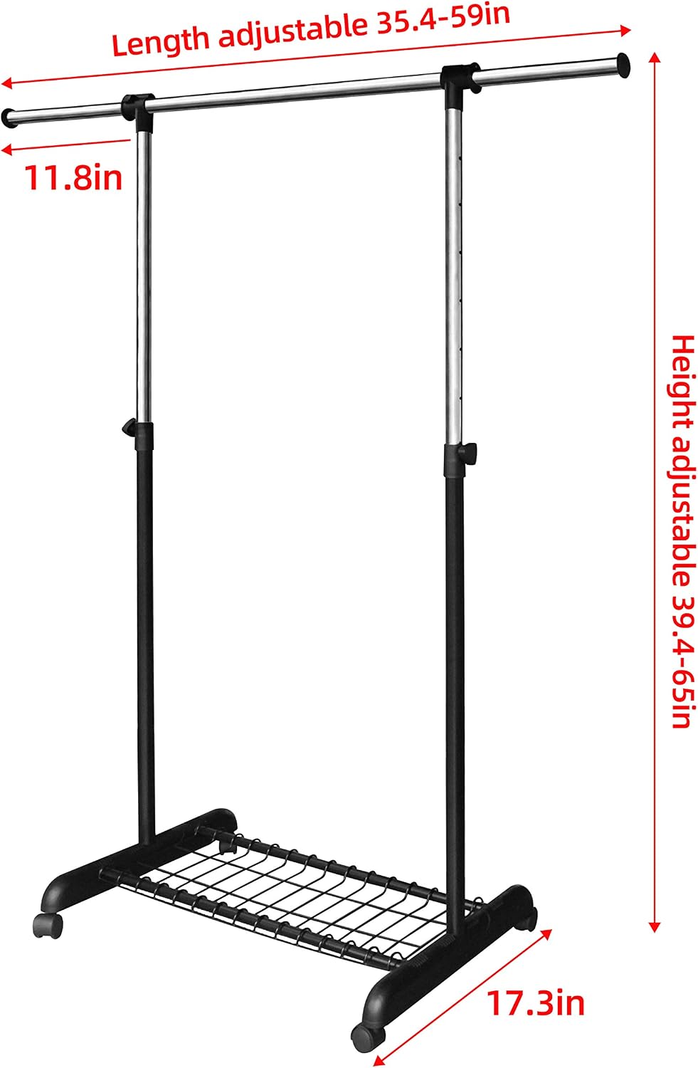 Adjustable Clothing Rack for Hanging Clothes, Heavy Duty Garment Rack with Wheels，Free Standing Rolling Clothes Rack
