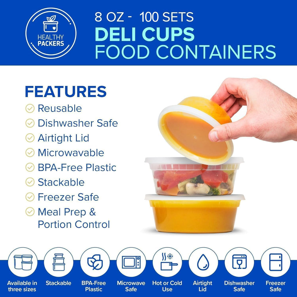 8oz Deli Containers with Lids, Food Storage, 100pk BPA-Free
