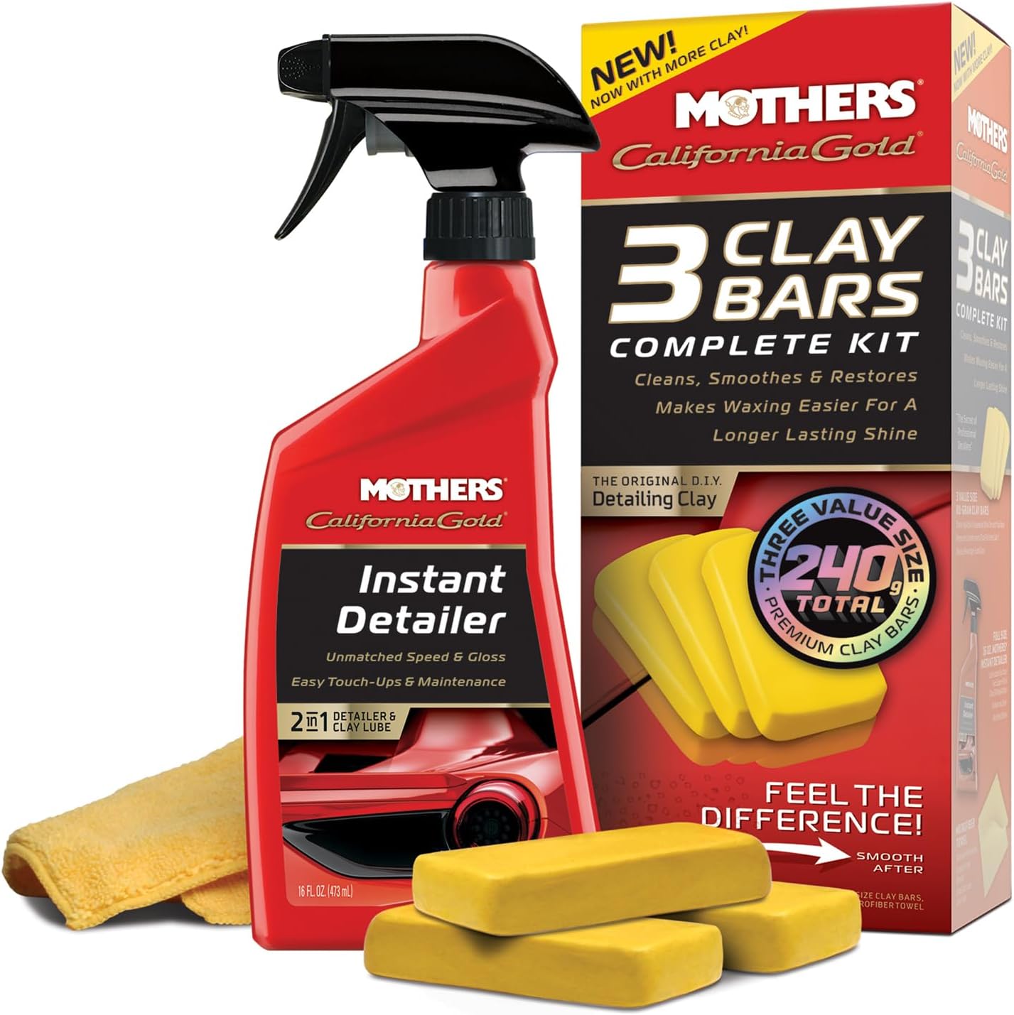 California Gold 3 Clay Bar Complete Kit, 3 80-gram Clay Bars + 16 oz. Instant Detailer + Microfiber Towel — Removes