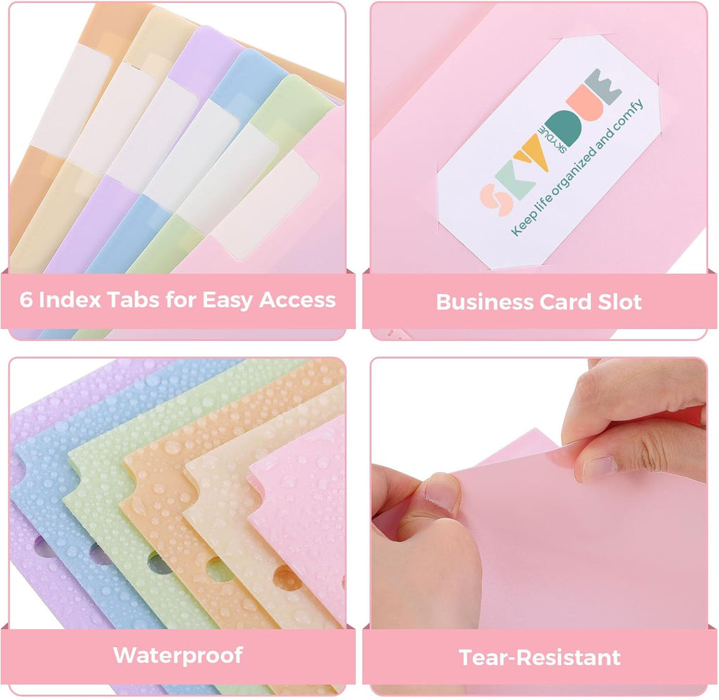 Plastic Folders with Pockets, 6 Pack File Folders with Tabs & Stay-Put Flaps, 3 Hole Punch 2 Pocket Folders for 3
