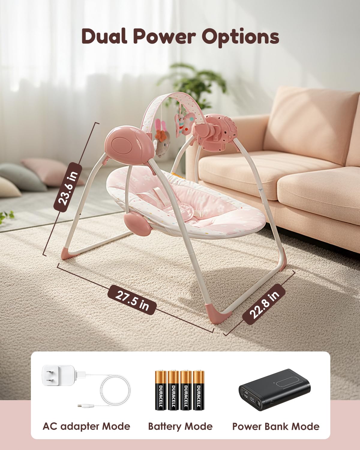 Baby Swings for Infants, Tiny Marvels Foldable Swing with Music,0-9M, 20lbs | Five swing speeds, dual power supply