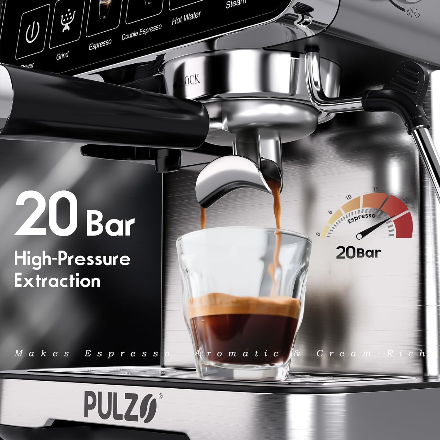 Espresso Machine with Grinder, 20 Bar Professional Coffee Machine, All-in-One Stainless Steel Coffee Maker with Milk