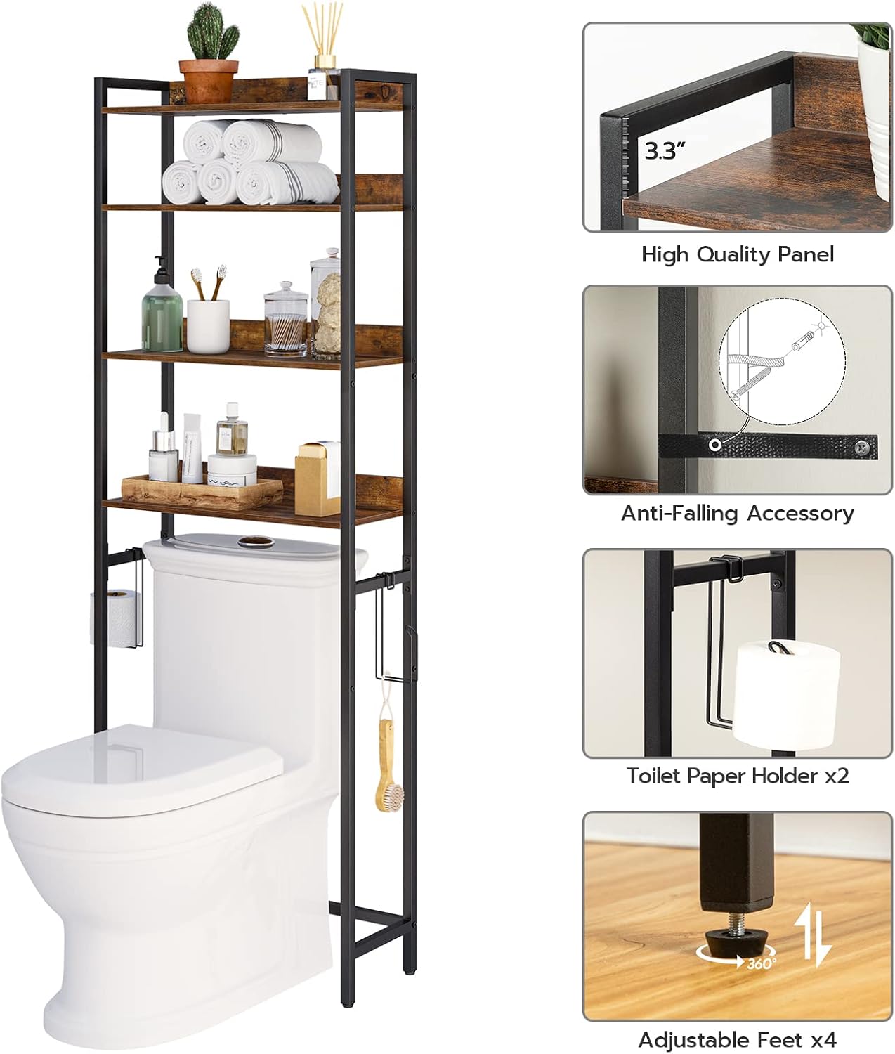 Over The Toilet Storage Rack, 4 Tier Bathroom Organizer Over Toilet, Freestanding Space Saver Toilet Stand with 2