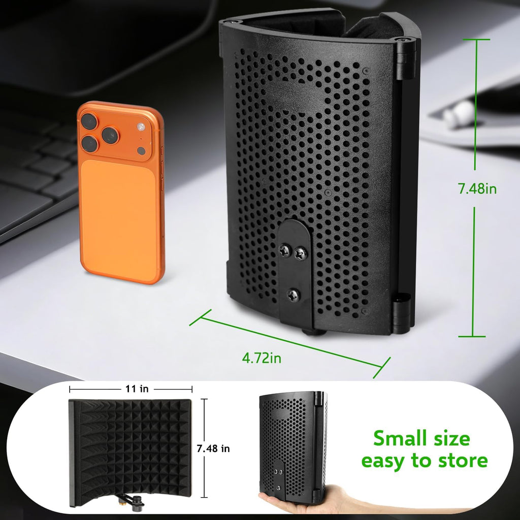 Microphone Isolation Shield with Mic Stand and Pop Filter, Foldable Sound Shield for Most Condenser Microphone