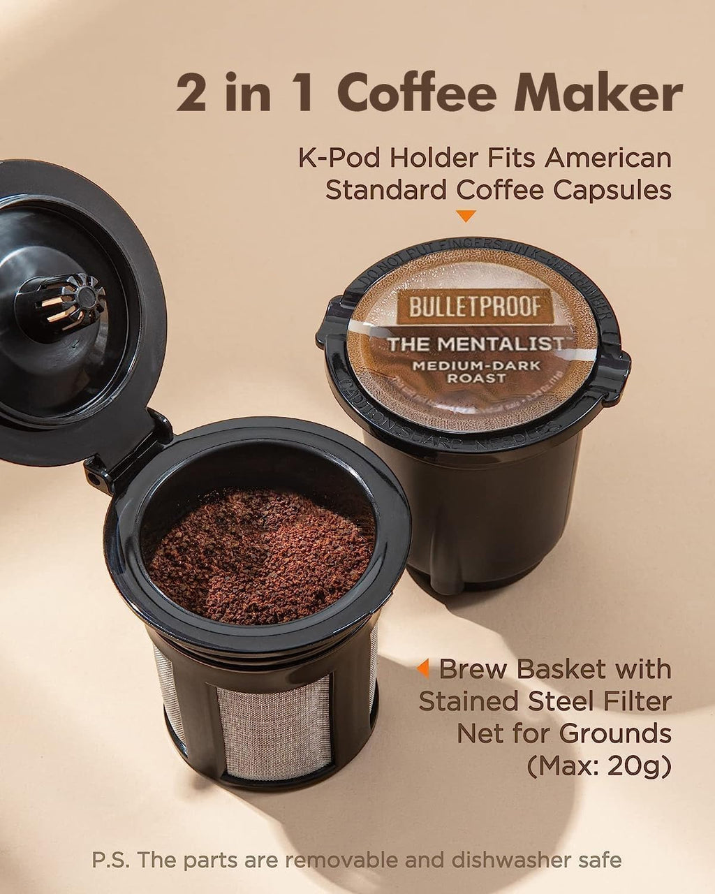 Mini Single Serve Coffee Maker, 2-in-1 Portable Drip Machine for K-Pods & Ground Coffee, Fast Brew, Auto Shut-Off