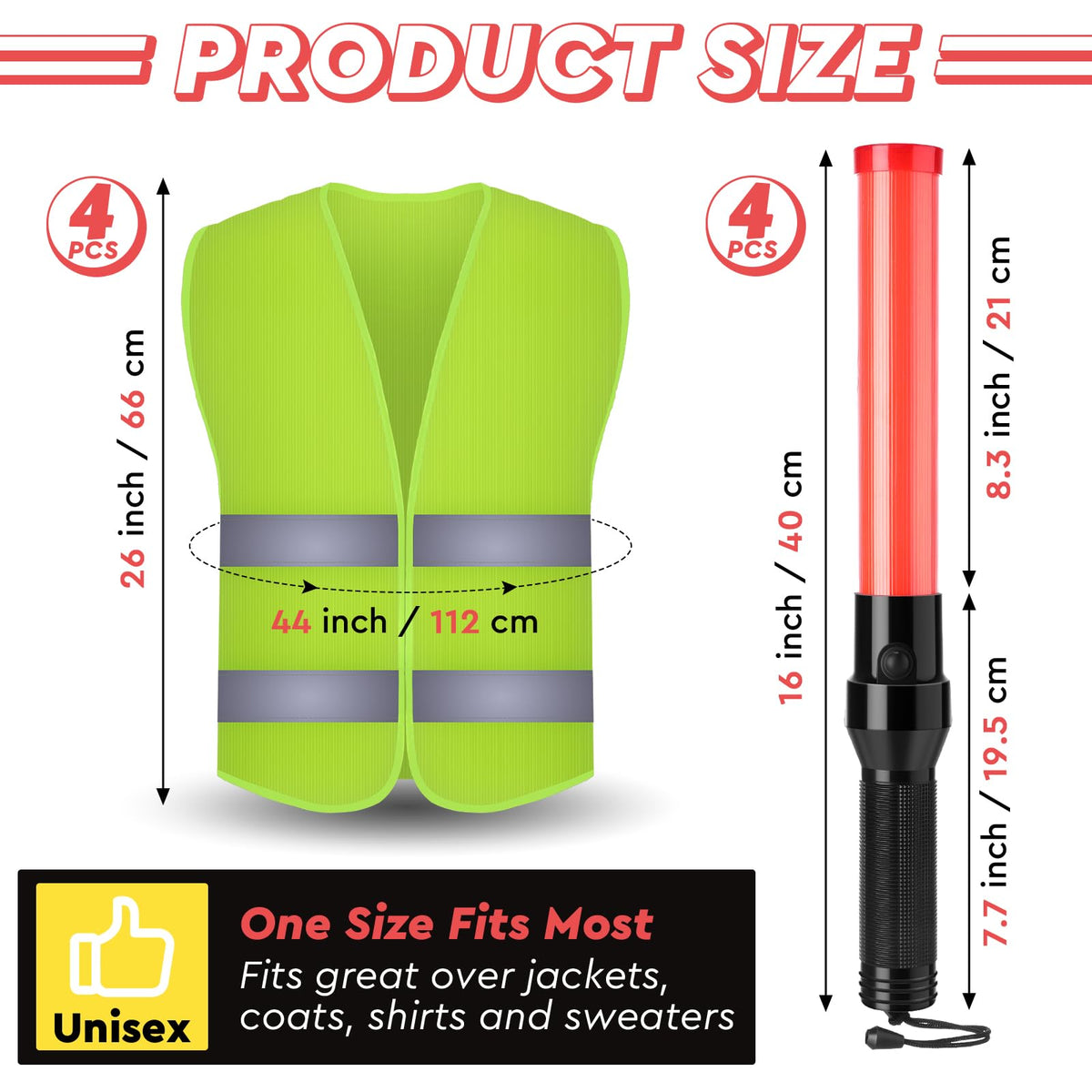 8 Pcs 16 Inch Traffic Wand Reflective Safety Vest Set, Neon Green