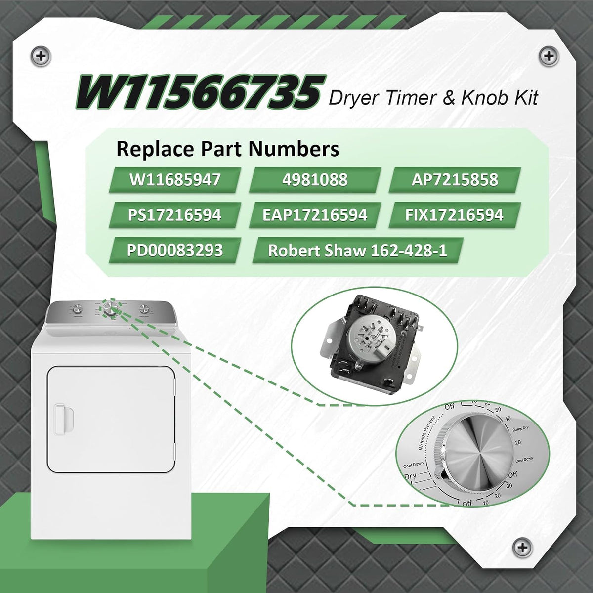 W11566735 W11685947 Dryer Timer & Knob Kit, Replacement Part 4981088 AP7215858 PS17216594 EAP17216594 FIX17216594 Robert Shaw 162-428-1 PD00083293, Compatible with Maytag MED4500MW0 YMED4500MW0