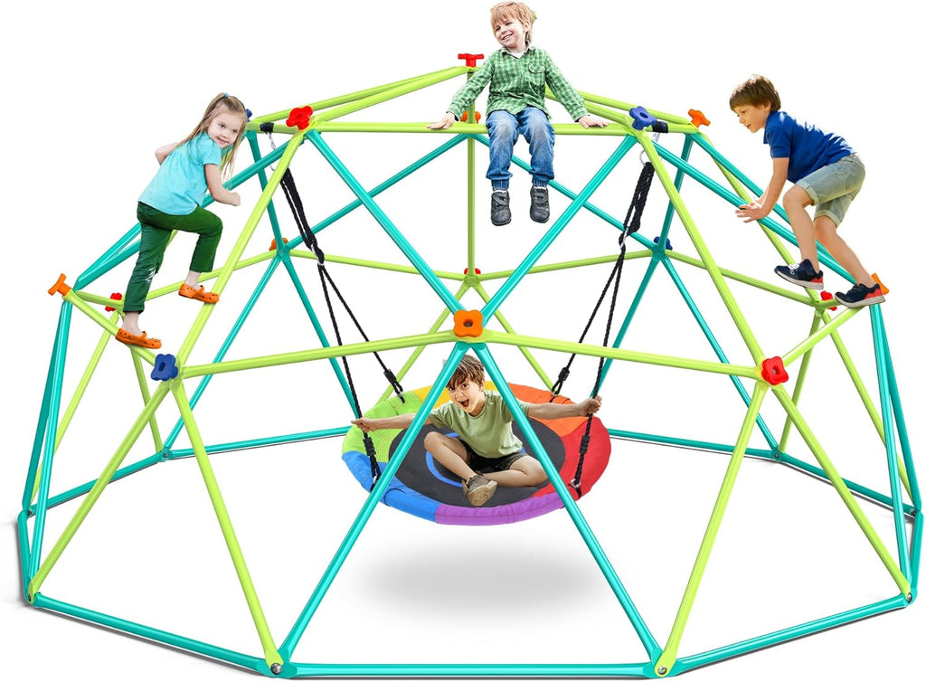 10 ft Climbing Dome Swing Set with Saucer Swing, Jungle Gym for Kids Outdoor Backyard, Supports 800lbs, Easy