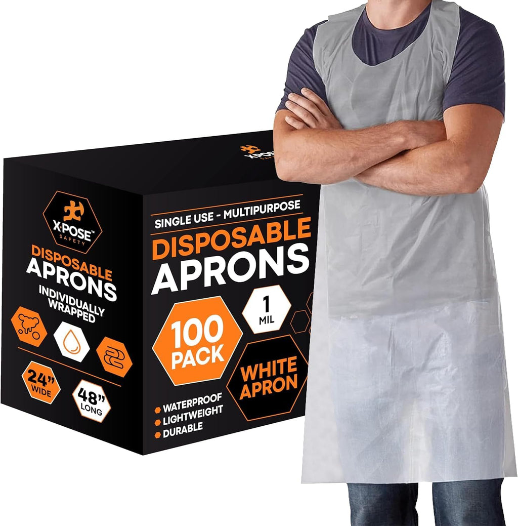 100 Pack White Disposable Aprons, Individually Wrapped Waterproof Polyethylene for Cooking, Food Prep and Cleaning, 1