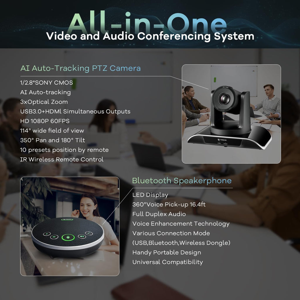 All-in-One Conference Room Video Camera System Al Auto-Tracking HD1080P 60fps 3X Optical Zoom USB3.0 HDMI PTZ Camera