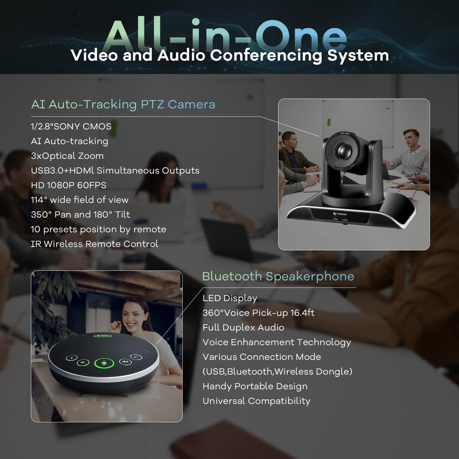 All-in-One Conference Room Video Camera System Al Auto-Tracking HD1080P 60fps 3X Optical Zoom USB3.0 HDMI PTZ Camera