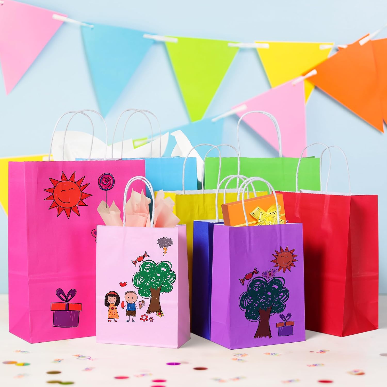 32 Pieces Gift Bags with 32 Tissues, 8 Colors Party Favor Bags with Handles, Rainbow Gift Bag for Wedding, Birthday