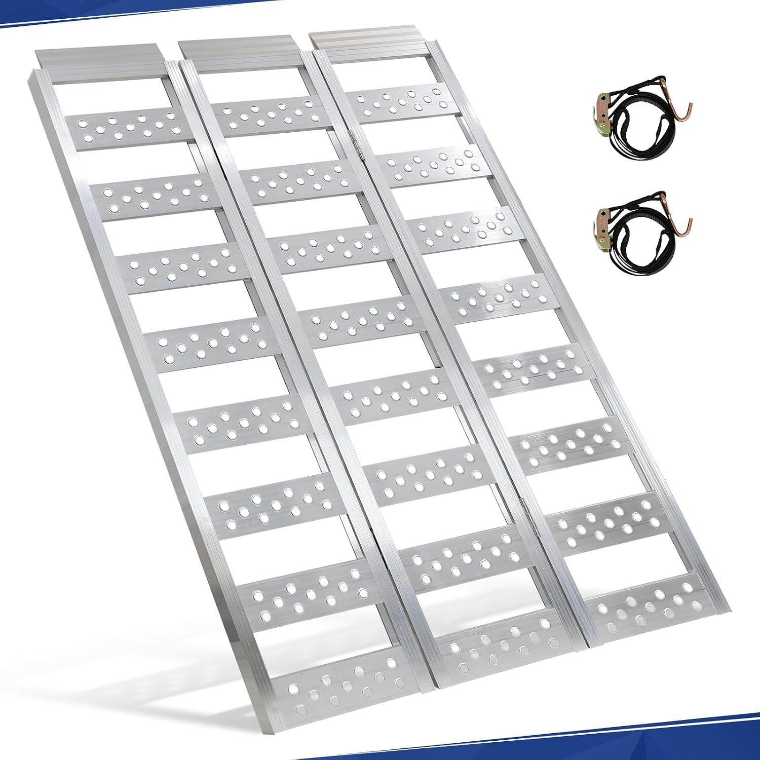 Tri-Fold Ramps with Treads, Full Width Aluminum Loading Ramps with Load Straps, Manual Welding Ramp for Motorcycles