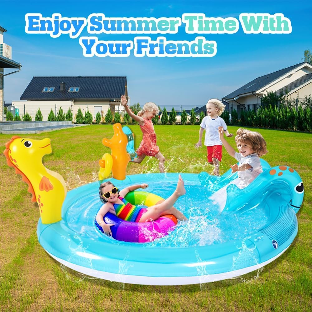 Sea Animal Inflatable Kids Pool with Slide and Sprinkler, Inflatable Play Center with Rings & Animal Figures