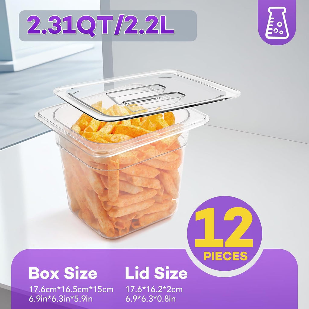 12 Pack Plastic Food Pan with Lids 1/6 Size 6 Inch Deep