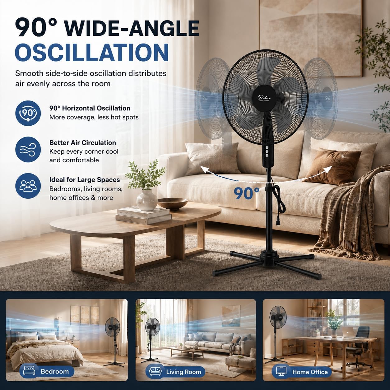 16" Oscillating Pedestal Fan for Bedroom, 3 Speed Standing Fan, Max 1350 CFM, 18ft/s Airflow, 90° Horizontal