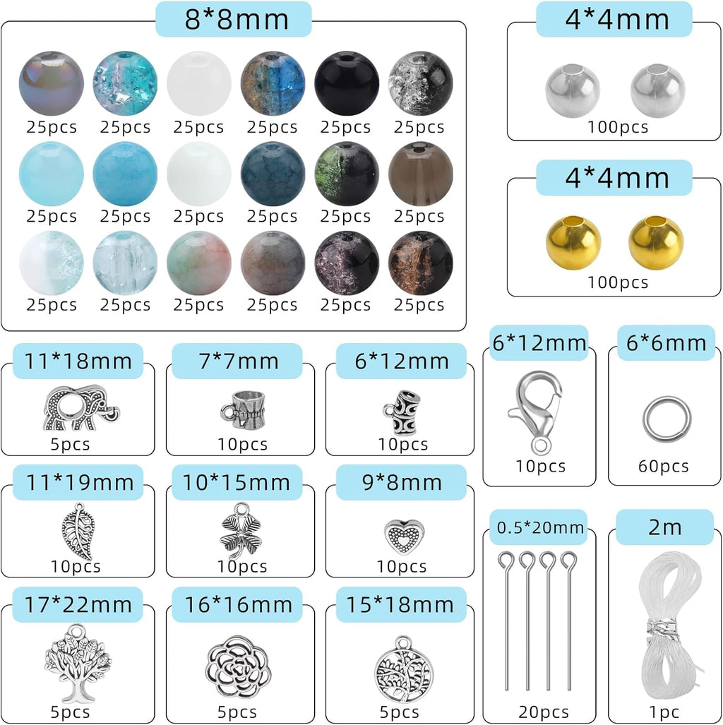8mm 18 Colors Glass Beads for Jewelry Making, 810pcs Charm Bracelet Making Kit - Crystal/Crackle/Stone/Gold & Silver