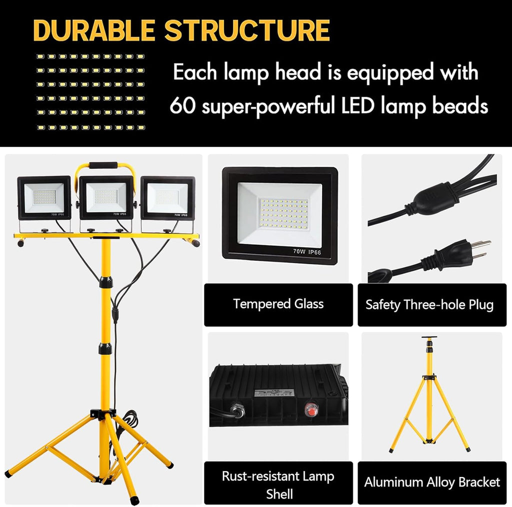 22000 Lumen Work Lights with Stand, 3 Head Portable LED Work Light, with Adjustable&Foldable Tripod Stand, IP66