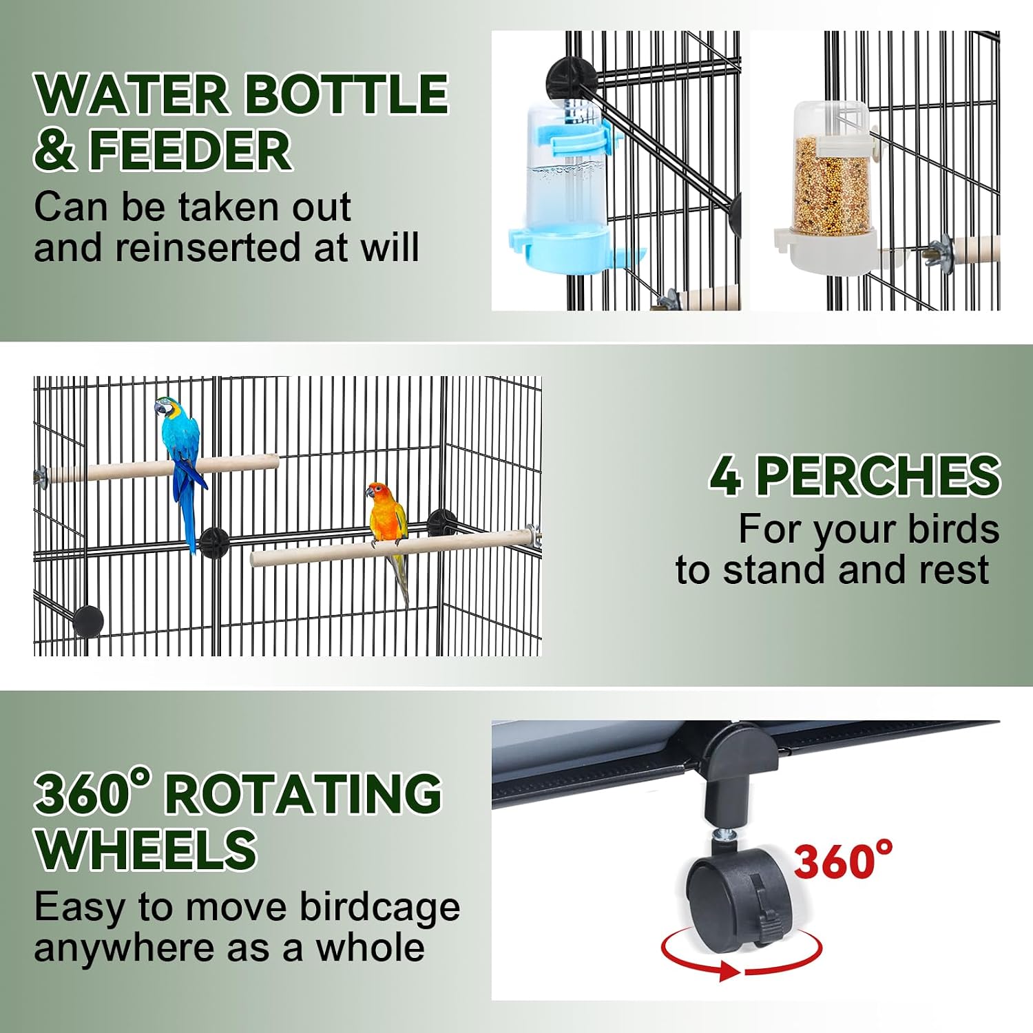 Upgraded Encrypted Metal 46-Inch Bird Cage for Parrot Parakeets | Parakeet Cage with Wooden Perches, Slide-Out Tray
