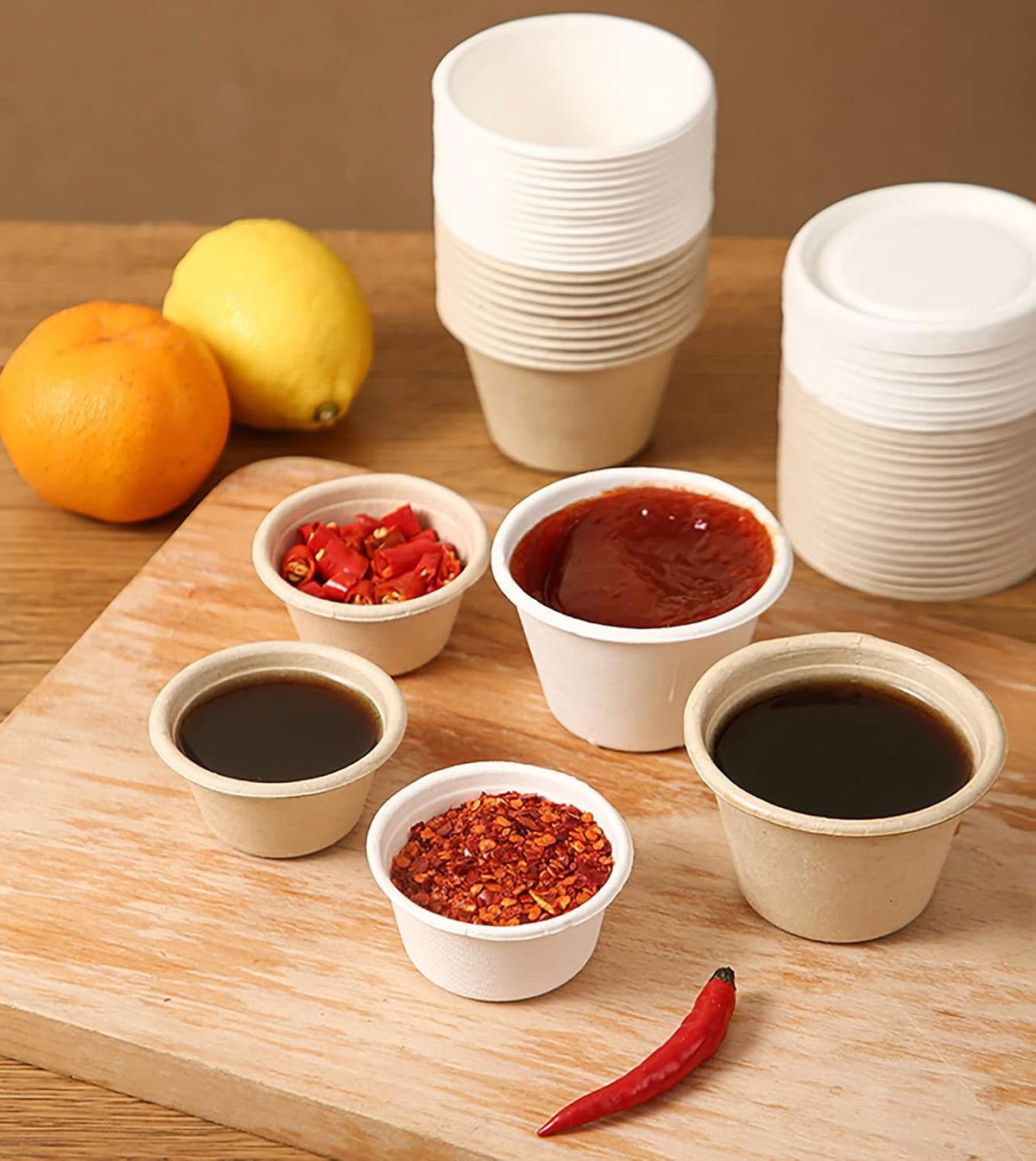 200 Pack 2 oz Natural Bagasse Fiber Cups with Lids, 2.3'' x 1.1''(H) x 1.6'' Paper Tasting Cups Disposable Sample