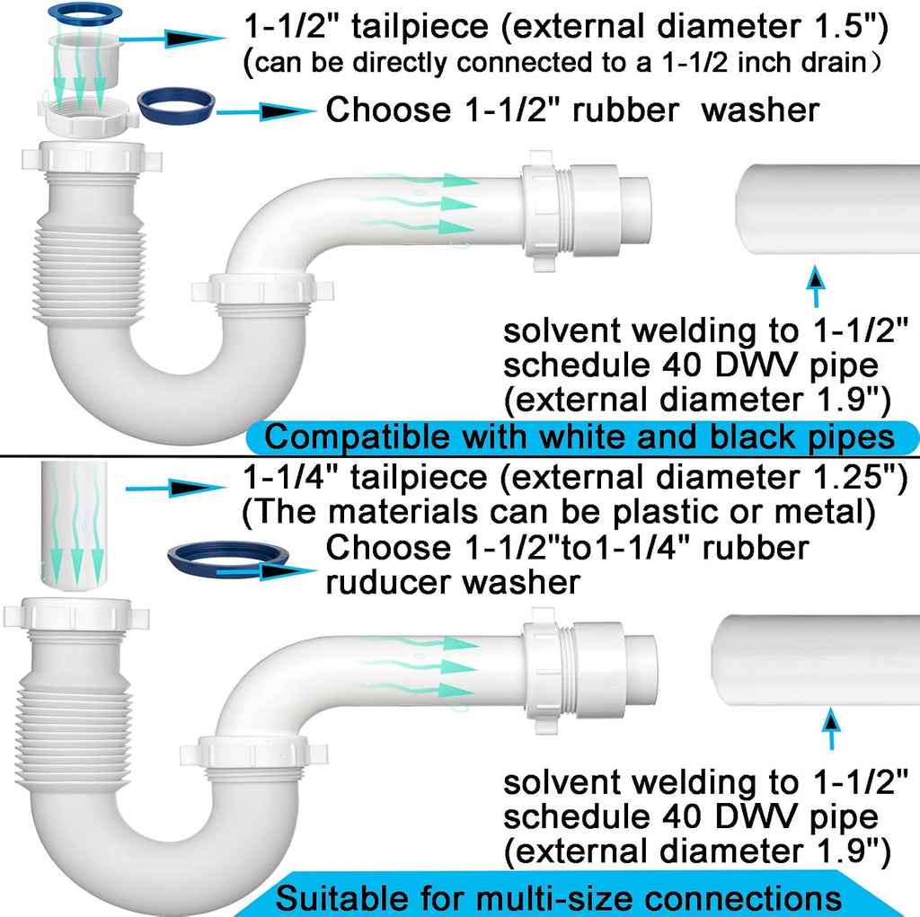 (1 Pack) Yariwiz White P Trap 1-1/2 Inch for Bathroom Kitchen Sink Drain Pipe Tubular Kit with Adjustable J-Bend