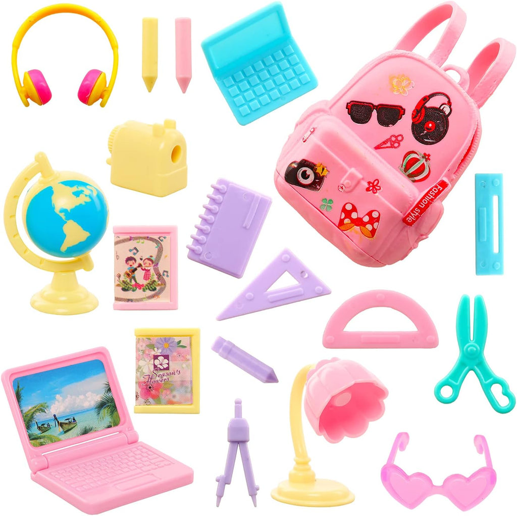 19 Pcs Girl Doll School Accessories Backpack Mini Desk Lamp Laptop Mini Globe Glasses and Headset for 11.5 Inch Doll