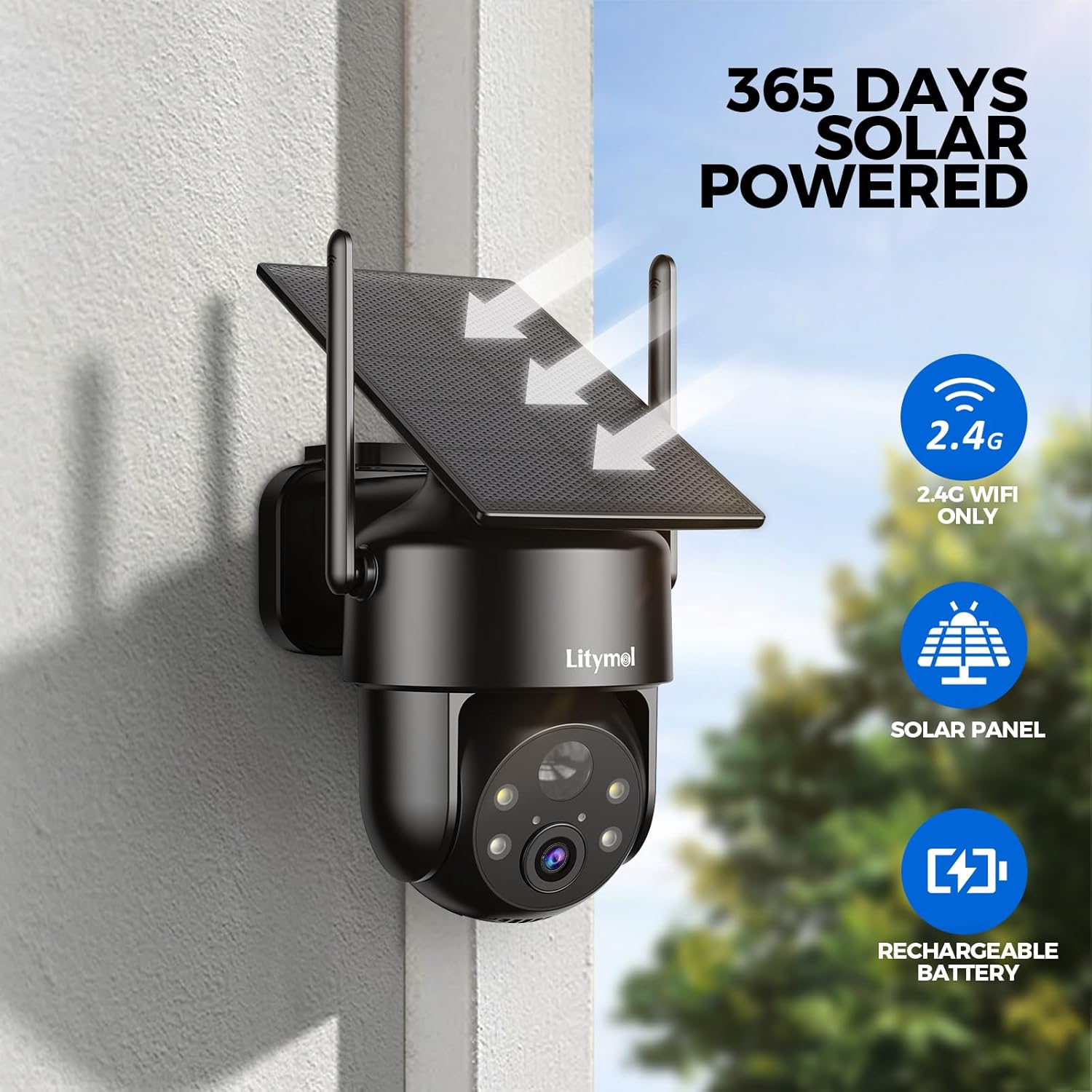2K 2.4g WiFi Security Cameras Wireless Outdoor, 360° View Solar Cameras for Home Security, Color Night Vision, Motion