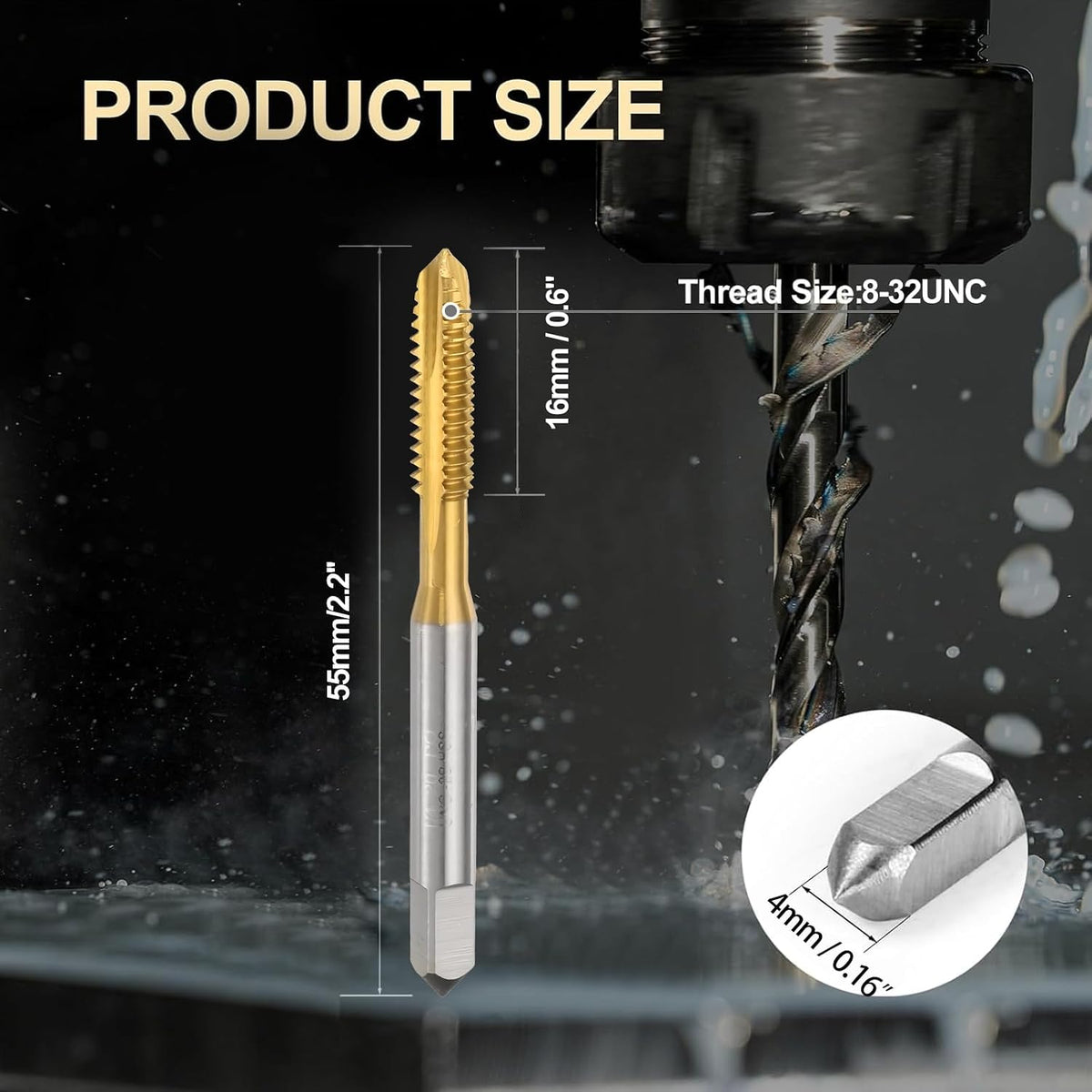 6Pcs 8-32 UNC B2 Spiral Point Thread Tap, Titanium Coated HSS 6542 Tapping Tool for Precision Threading in Metal and Hard Materials