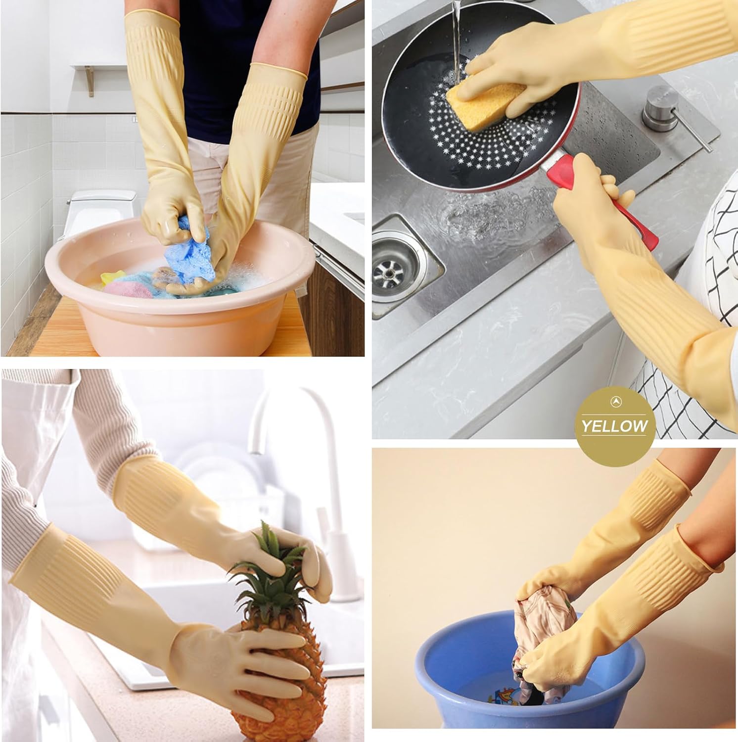 3 Pairs of Rubber Dishwashing Gloves for Kitchen and Household Cleaning – Long Cuff 15", Reusable, Flexible