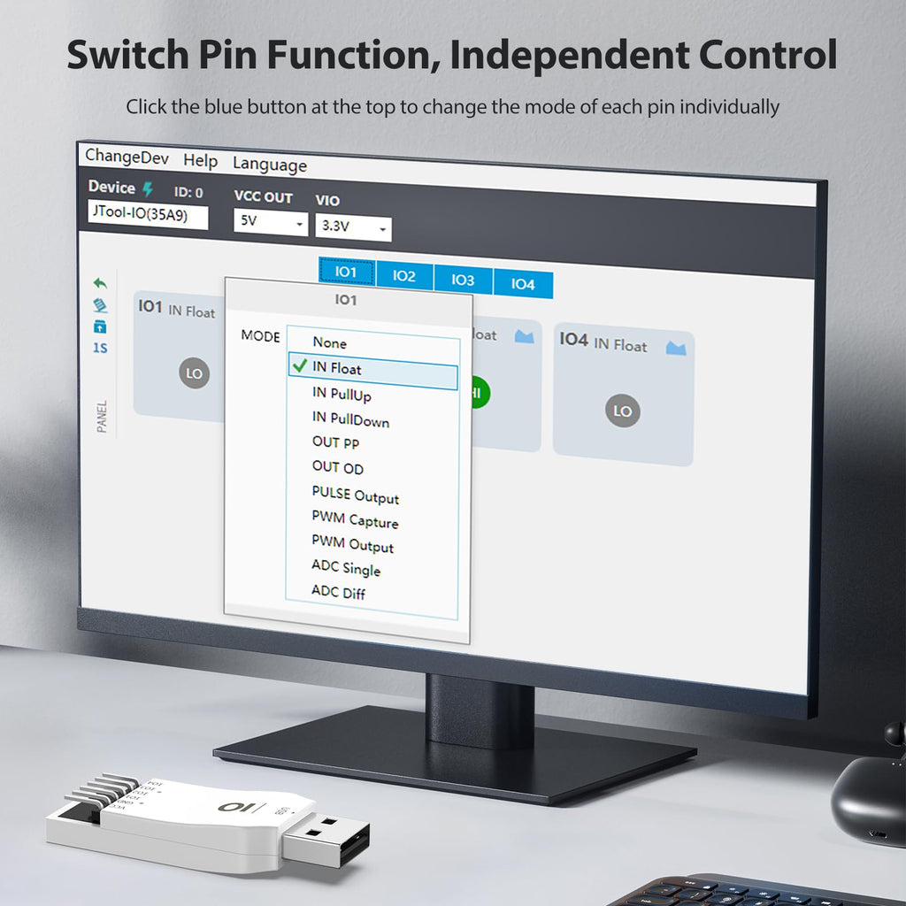 Pibiger JIO Module USB to IO Debug Module,USB to PWM ADC IO Tool, 12-bit ADC, 4-Channel IO, Windows Compatible,Comes with English User Manual,Software,CMD Command,Dll for C#,Python Development